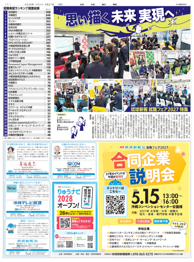 琉球新報就職フェア2027 人気企業ランキング公開！